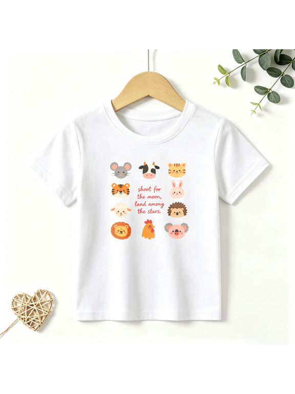 Girls Graphic Tees Shoot For Moon Animals Kids T Shirt Cute 100% Cotton Short Sleeve Soft Tops 4-13Y