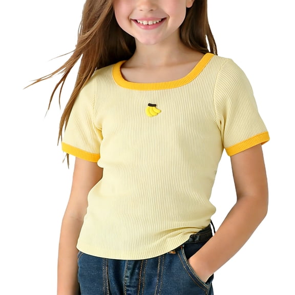 Girls Graphic Tees Short Sleeve Ribbed Knit T-Shirt Cute Crew Neck Casual Basic Soft Shirt