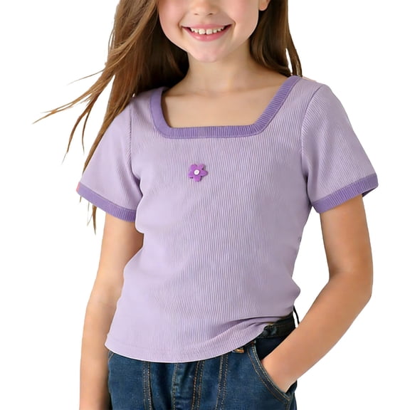 Girls Graphic Tees Short Sleeve Ribbed Knit T-Shirt Cute Crew Neck Casual Basic Soft Shirt
