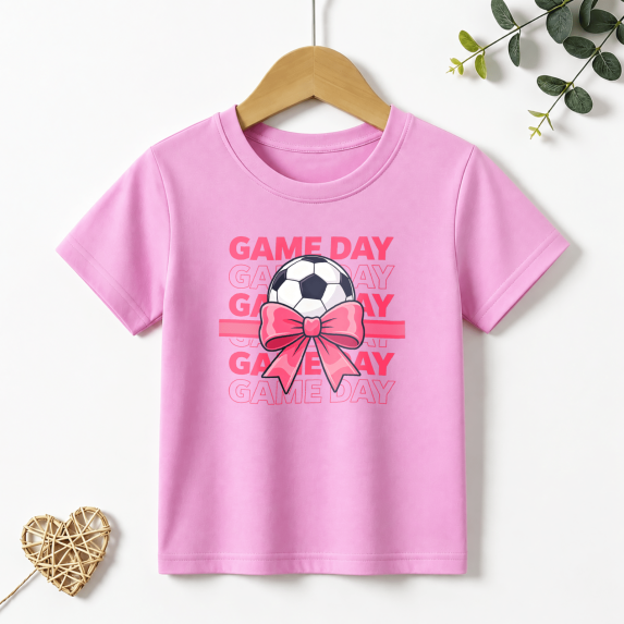 Girls Graphic Tees Soccer Ball Pink Bow Kids T Shirt Game Day 100% Cotton Short Sleeve Soft Tops 4-13Y