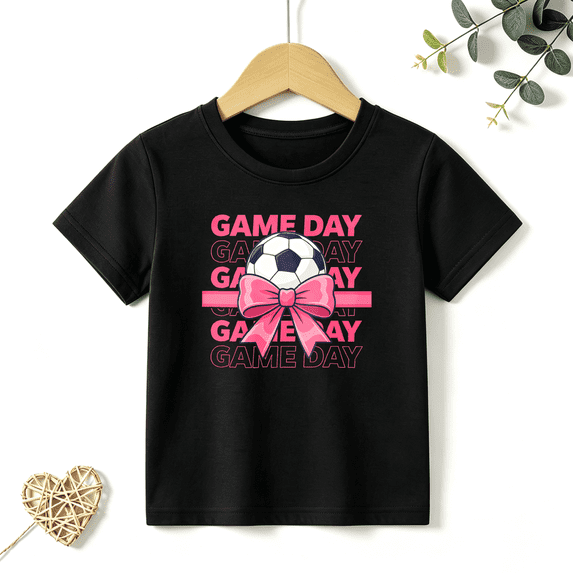 Girls Graphic Tees Soccer Ball Pink Bow Kids T Shirt Game Day 100% Cotton Short Sleeve Soft Tops 4-13Y