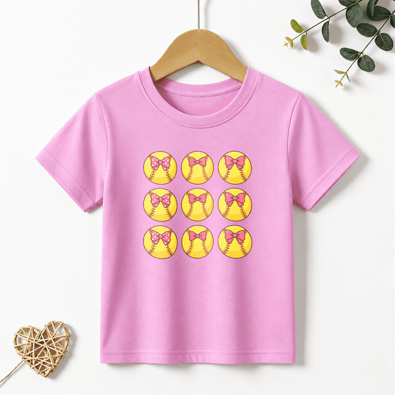 Girls Graphic Tees Softball Pink Bow Pattern Kids T Shirt Cute 100% Cotton Short Sleeve Soft Tops 4-13Y