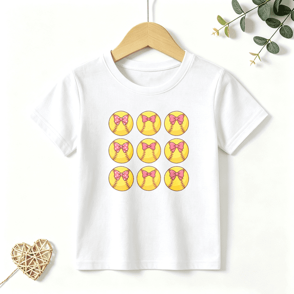 Girls Graphic Tees Softball Pink Bow Pattern Kids T Shirt Cute 100% Cotton Short Sleeve Soft Tops 4-13Y