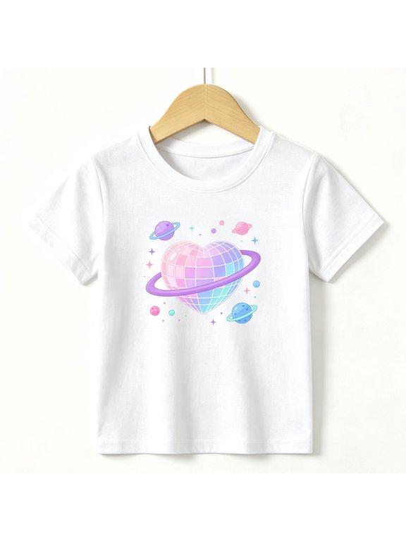 Girls Graphic Tees Space Disco Heart Kids T Shirt Galaxy Planet 100% Cotton Short Sleeve Soft Tops 4-13Y White