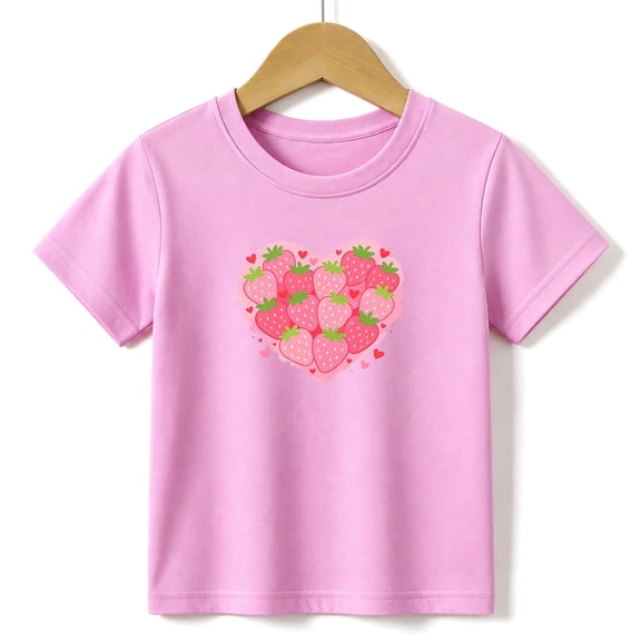 Girls Graphic Tees Strawberry Heart Kids T Shirt Sweet Summer 100% Cotton Short Sleeve Soft Tops 4-13Y Pink