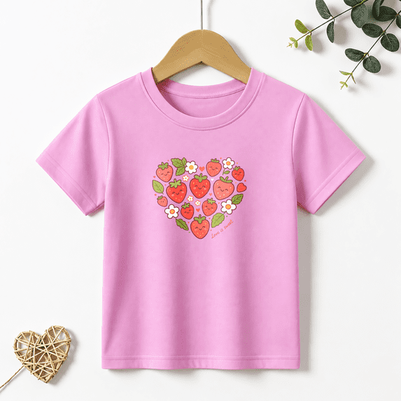 Girls Graphic Tees Strawberry Heart Love Kids T Shirt Cute Sweet 100% Cotton Short Sleeve Soft Tops 4-13Y