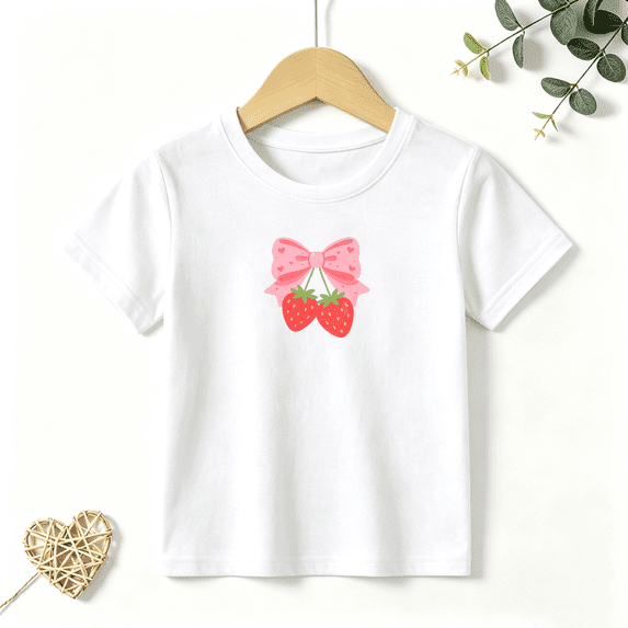 Girls Graphic Tees Strawberry Pink Bow Kids T Shirt Cute Summer 100% Cotton Short Sleeve Soft Tops 4-13Y