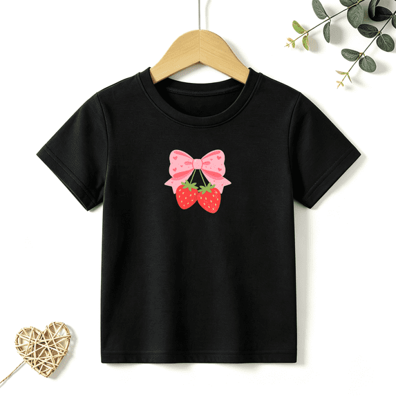 Girls Graphic Tees Strawberry Pink Bow Kids T Shirt Cute Summer 100% Cotton Short Sleeve Soft Tops 4-13Y