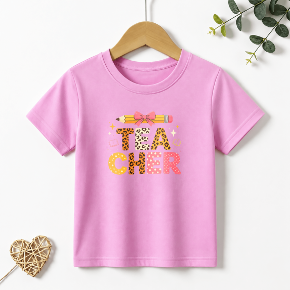 Girls Graphic Tees Teacher Pencil Bow Kids T Shirt School 100% Cotton Short Sleeve Soft Tops 4-13Y