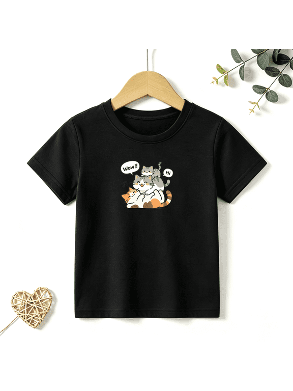 Girls Graphic Tees Three Cute Cats Stacked Kids T Shirt Funny Kitten Meme 100% Cotton Short Sleeve Soft Tops 4-13Y