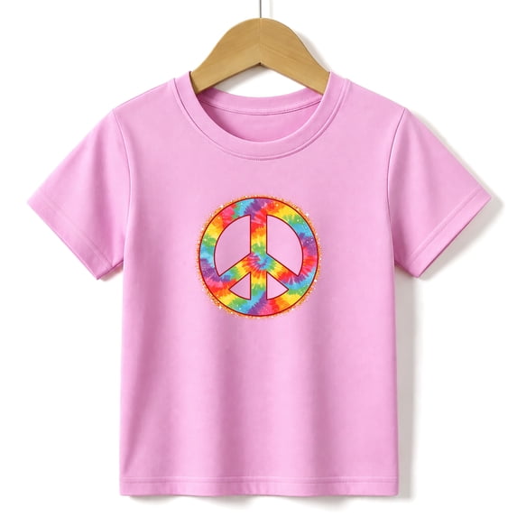 Girls Graphic Tees Tie Dye Peace Sign Kids T Shirt Retro Hippie 100% Cotton Short Sleeve Soft Tops 4-13Y Pink