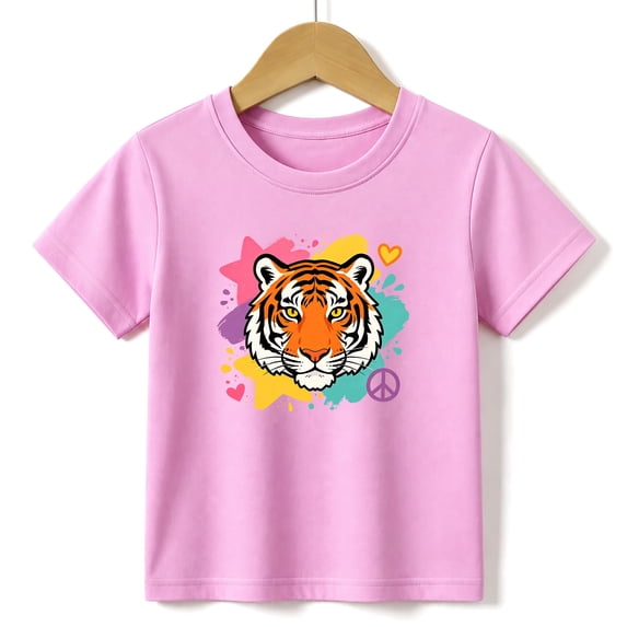 Girls Graphic Tees Tiger Face Kids T Shirt Cute Animal 100% Cotton Short Sleeve Soft Tops 4-13Y Pink
