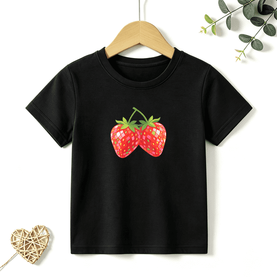 Girls Graphic Tees Twin Strawberries Kids T Shirt Cute Summer Fruit 100% Cotton Short Sleeve Soft Tops 4-13Y
