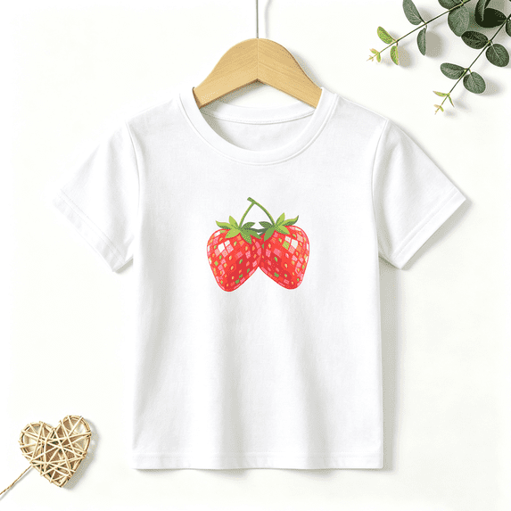 Girls Graphic Tees Twin Strawberries Kids T Shirt Cute Summer Fruit 100% Cotton Short Sleeve Soft Tops 4-13Y