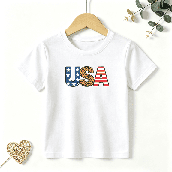 Girls Graphic Tees USA Letter Kids T Shirt 4th Of July 100% Cotton Short Sleeve Soft Tops 4-13Y