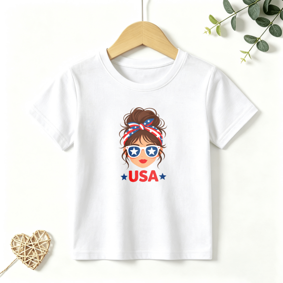 Girls Graphic Tees USA Messy Bun Flag Kids T Shirt 4th Of July 100% Cotton Short Sleeve Soft Tops 4-13Y