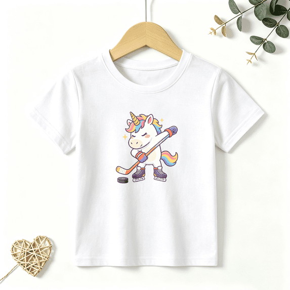 Girls Graphic Tees Unicorn Playing Ice Hockey Cartoon Kids T Shirt Sport Cute Tee 100% Cotton Short Sleeve Soft Tops 4-13Y