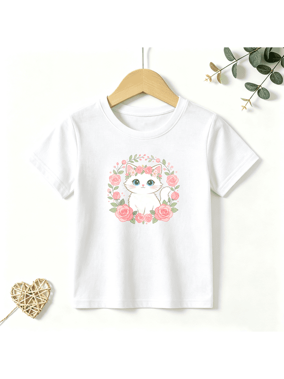 Girls Graphic Tees White Cat Rose Wreath Kids T Shirt Cute Kitty 100% Cotton Short Sleeve Soft Tops 4-13Y