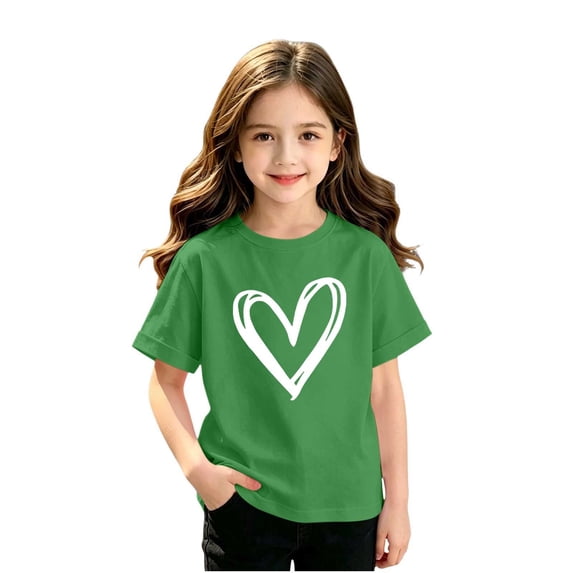 Girls Graphic Tshirts - Casual Heart Printed Crew Neck Short Sleeve Tees Shirts for School Summer Tops Green 2 Years