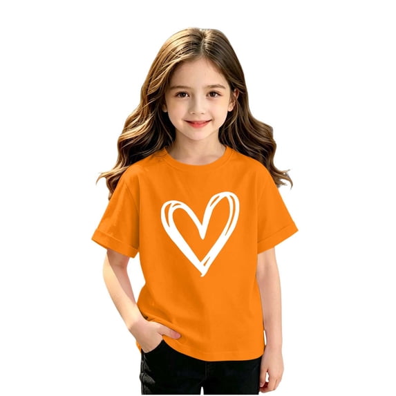 Girls Graphic Tshirts - Casual Heart Printed Crew Neck Short Sleeve Tees Shirts for School Summer Tops Orange 3 Years