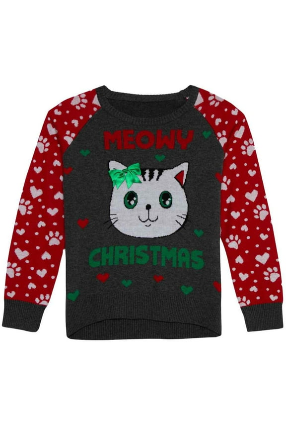 Girls Gray Cat Meowy Christmas Sweater Holiday Knit Ugly Christmas Sweater S