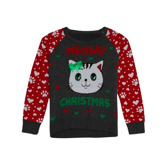 Girls Gray Cat Meowy Christmas Sweater Holiday Knit Ugly Christmas Sweater XL