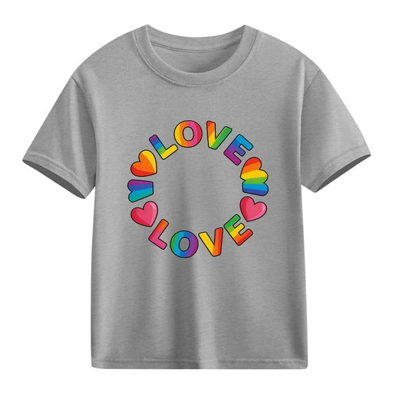 Girls Gray Graphic Tee, Kids Love and Rainbow Heart Short Sleeve T-Shirt, 100% Cotton Casual Play Shirt,Size 7 T