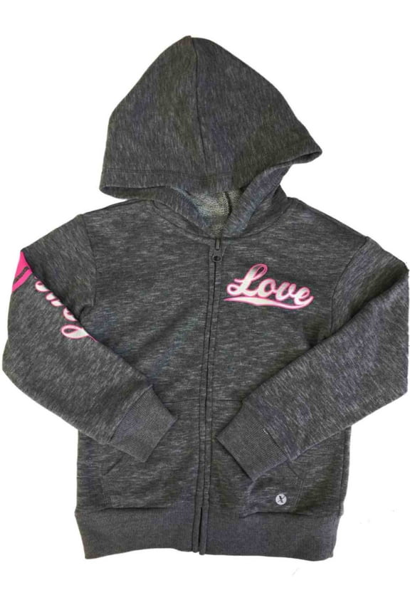 Girls Gray Heather & Pink Love Zip Up & Pouch Hoodie Sweatshirt Small 4