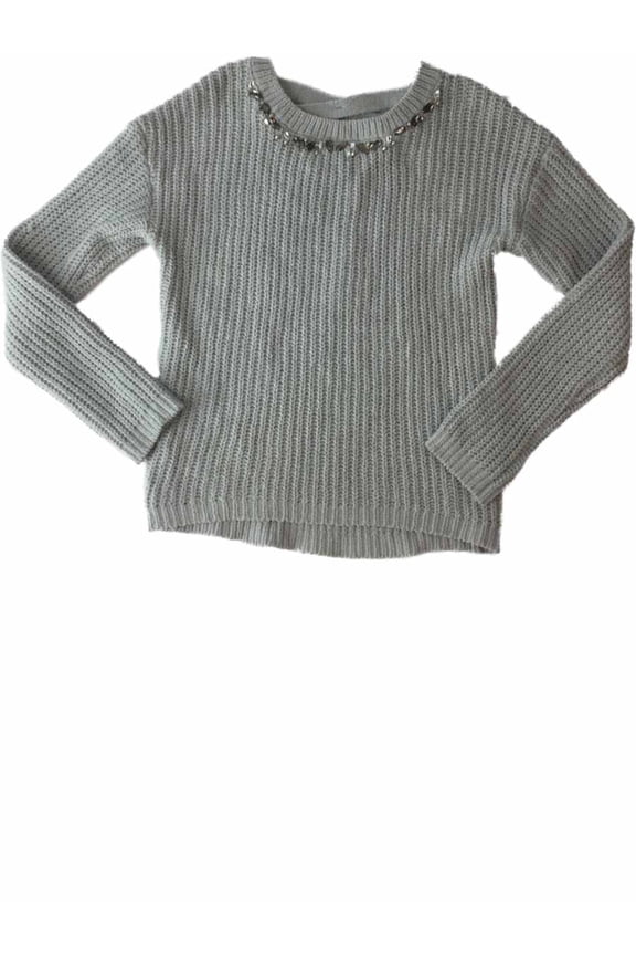 Girls Gray Knit Rhinestone Chunky Knitted Pullover Sparkly Pull Over Sweater