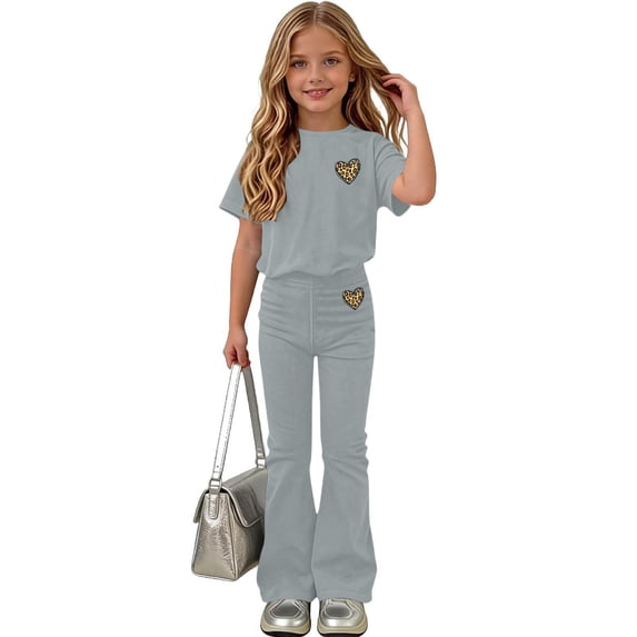 Girls Gray Leopard Heart Print Flare Pants Set Short Sleeve Top 2-Piece Outfit,Size 5-6T
