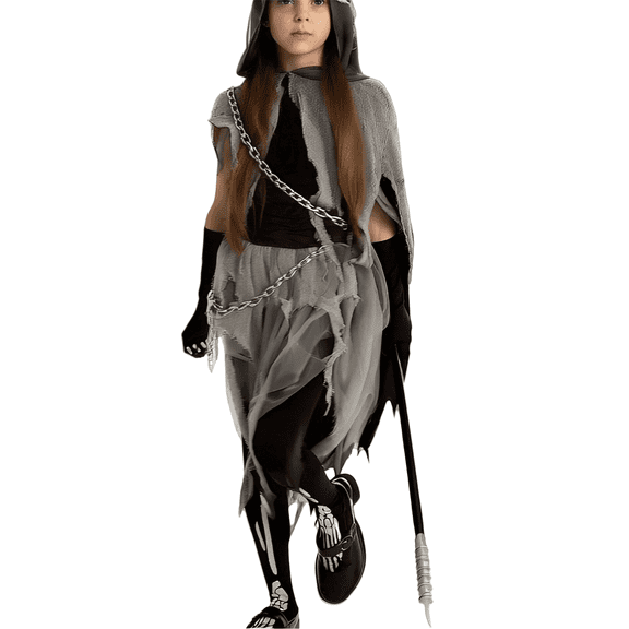 Girls Gray Werewolf Themed Outfit with Tattered Skirt, Kids Halloween Party Look, 10-13 Years