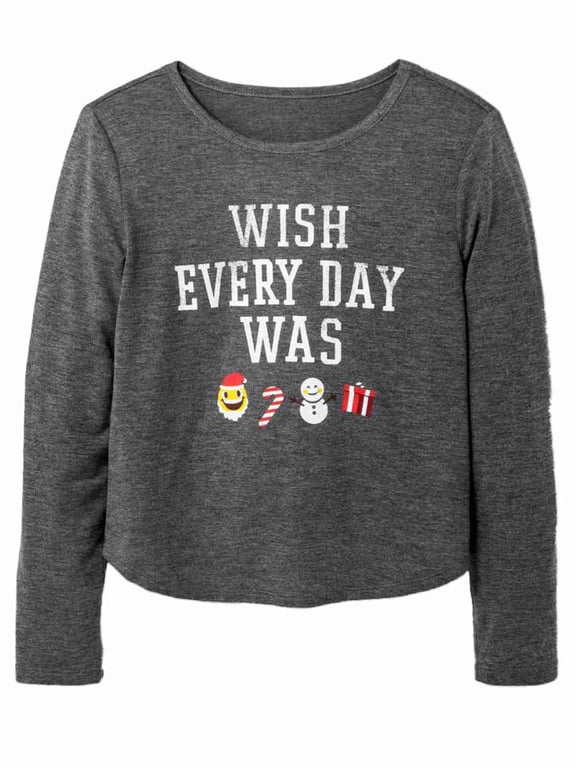 Girls Gray Wish Everyday Was Christmas Shirt Holiday Santa Emoji T-Shirt XS