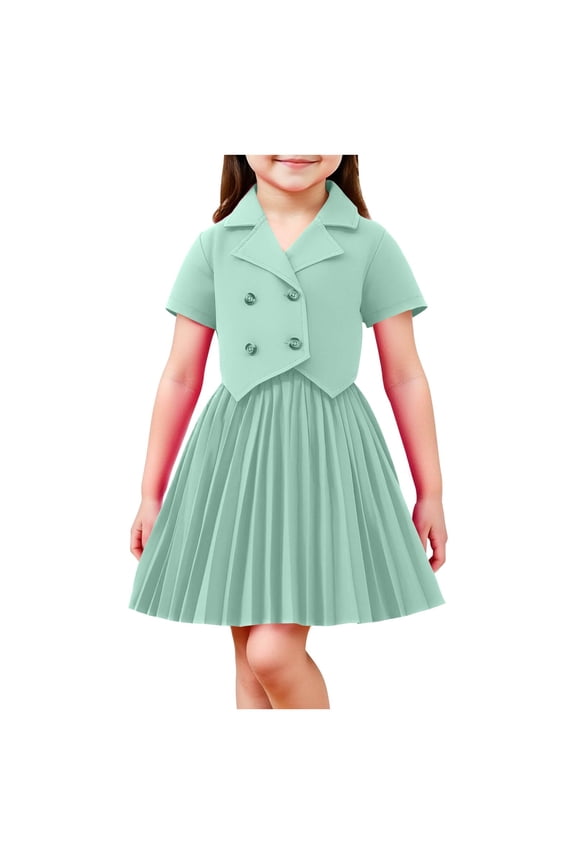 Girls Green 2 Piece Set | Blazer Vest & Pleated Skirt Outfit | Soft Stretch Play & Church Clothes for Kids Little Kids Birthday Party (2T-8 Years),Size 2-3 T