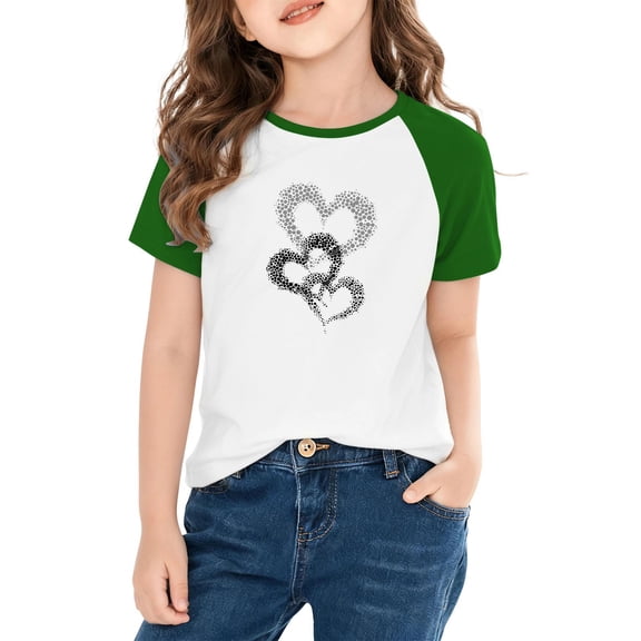 Girls Green Baseball Tee, Double Heart Graphic Soft Stretch Shirt for 4-14 Years, Casual Summer Kids Top,Size 5 T