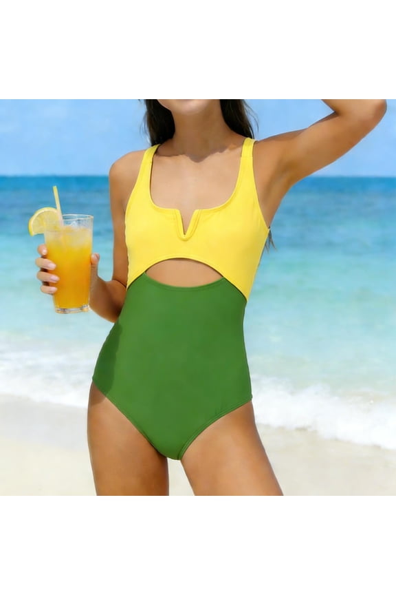 Girls Green Colorblock One Piece Swimsuit Cut Out V-Neck Keyhole Racerback High Waisted Tummy Control UPF 50+ Chlorine Resistant Quick Dry,Size 6-7 T