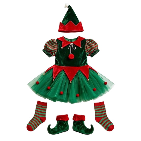 Girls Green Elf Tutu Dress Christmas Festive Party Outfit Stage Performance Dance Dress Up for Kids