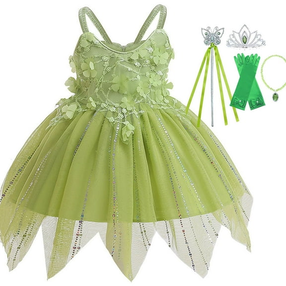 Girls Green Fairy Princess Costume Birthday Party Halloween Cosplay Outfits