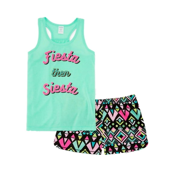 Girls Green Fiesta Then Siesta Pajamas Shorts & Tank Top Aztec Sleep Set S