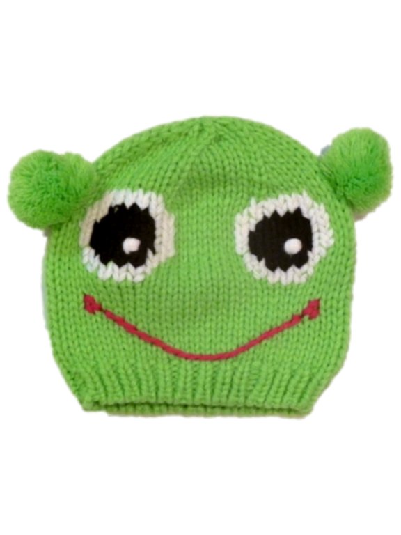 Girls Green Frog Hat Knit Beanie With Poms Stocking Cap