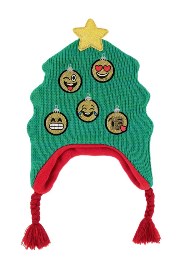 Girls Green Glitter Emoji Christmas Tree Ornament Peruvian Holiday Trapper Hat