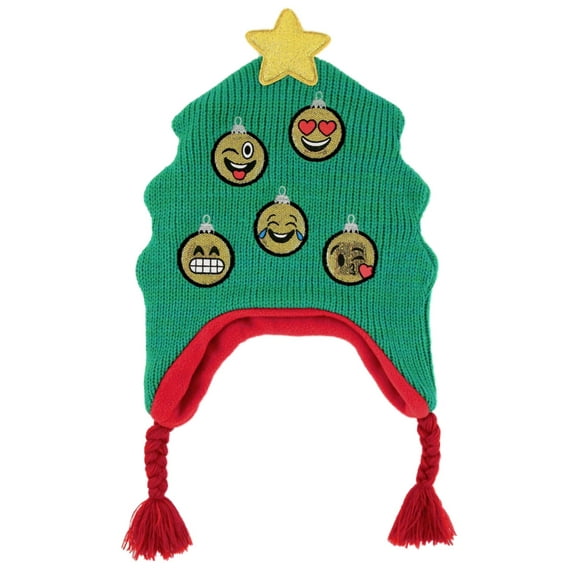 Girls Green Glitter Emoji Christmas Tree Ornament Peruvian Holiday Trapper Hat