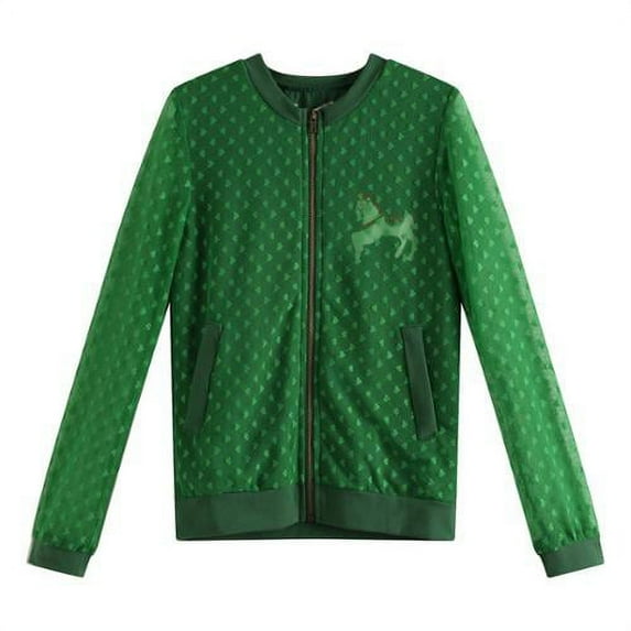 Girls Green Lace Overlay Zipper Closure Leisure Coat 6/7