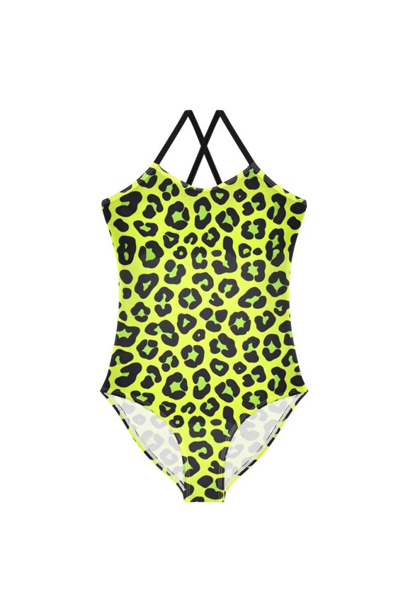 Girls Green Leopard Print One Piece Swimsuit, Cross Back Spaghetti Strap Bathing Suit for Kids Summer Beach Pool Swimwear 9-10T