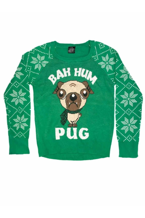 Girls Green Puppy Dog Snowflake Ugly Christmas Sweater Bah Hum Pug Holiday Knit