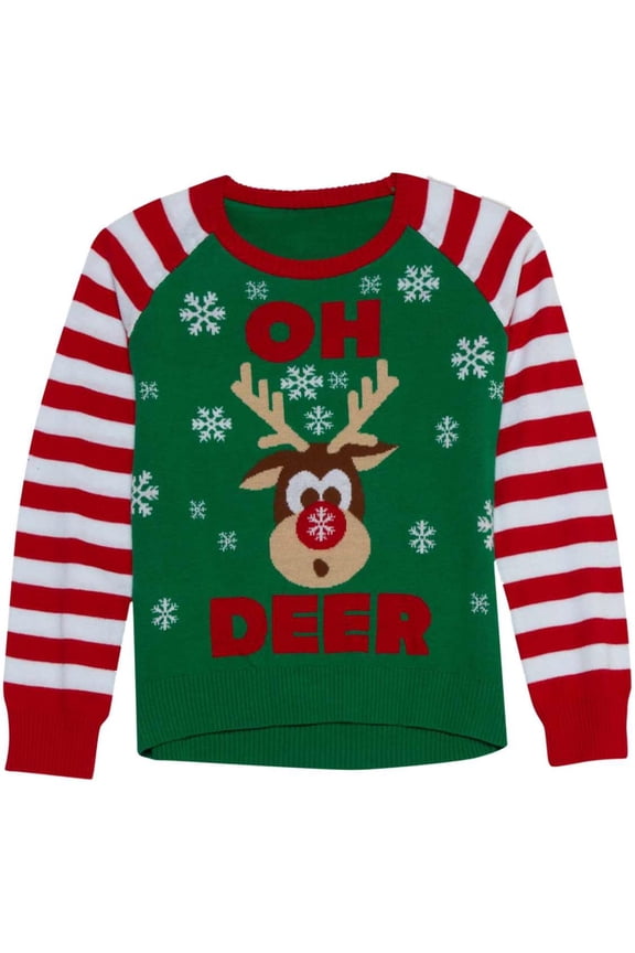 Girls Green Reindeer Oh Deer! Ugly Christmas Sweater Holiday Knit Sweater S 6/6x