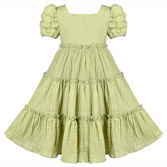 Girls Green Ruffle Layer Square Loose Fit Puff Short Sleeve Summer Casual 6 Years