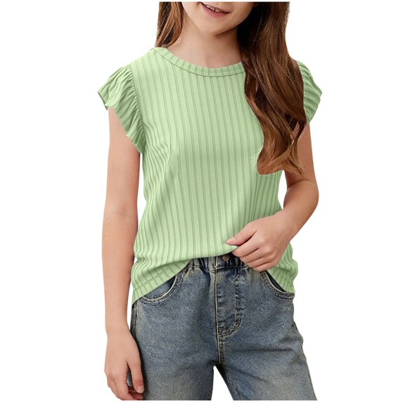 Girls Green Ruffle Sleeve Top Ribbed Knit Sleeveless Crewneck Soft Polyester Casual Summer Shirt,Size 0-1 T