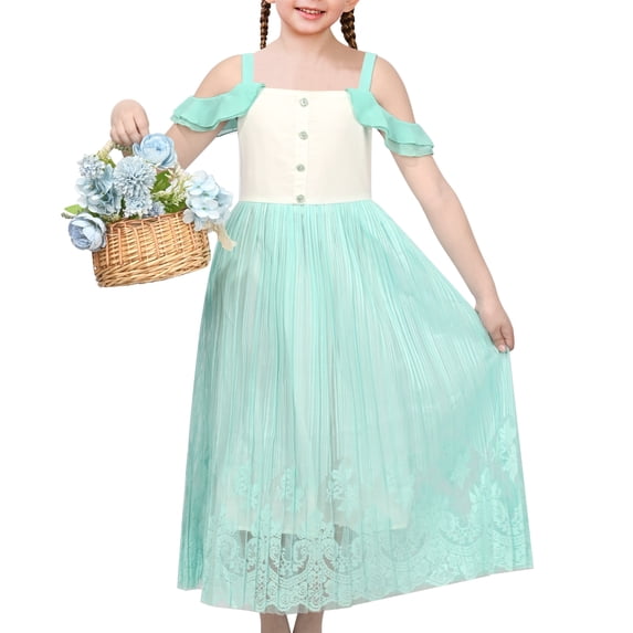 Sunny Fashion Girls Green Sleeveless Cold Shoulder Lace Casual Summer Dress Ankle Length 9-10 Years
