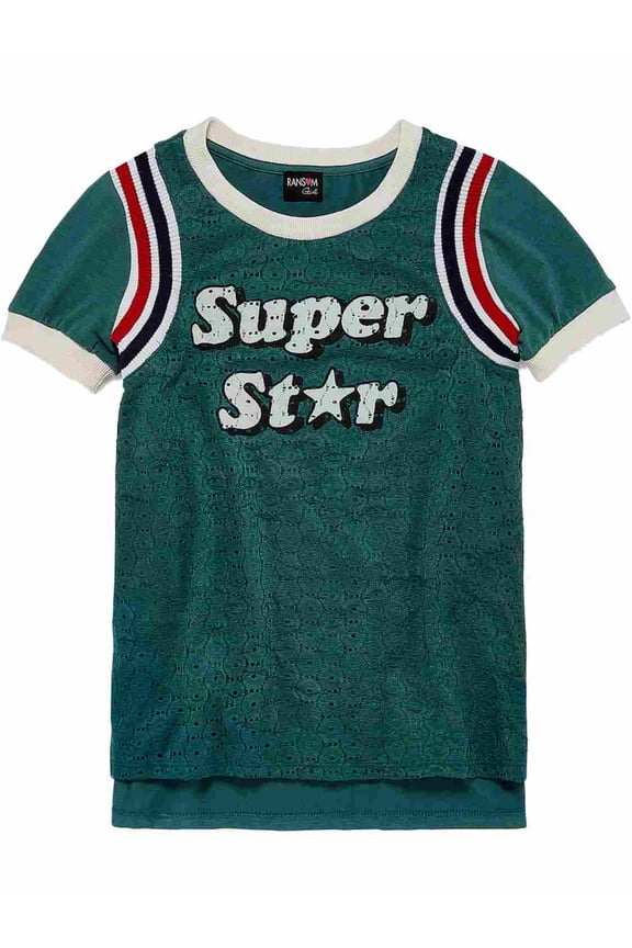 Girls Green Superstar T-Shirt Sporty Striped Lace Super Star Tee Shirt M