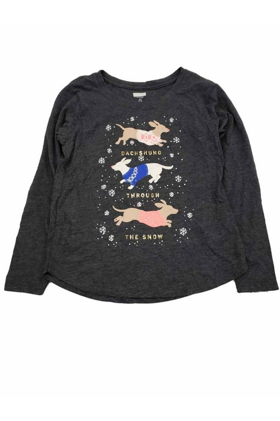 Girls Grey Dachshund Through The Snow Holiday Dog Puppy Tee Shirt Top T-Shirt M